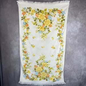 Vtg 60s‎ 70s Floral Bath Towel Yellow Blue Orange 100% Cotton Hippie Cottagecore